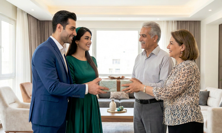 عروس و داماد در حال گرفتن هدیه پاگشا