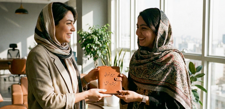 دفترچه یادداشت با جلد چرمی و اسم که به عنوان هدیه به همکار داده می‌شود.