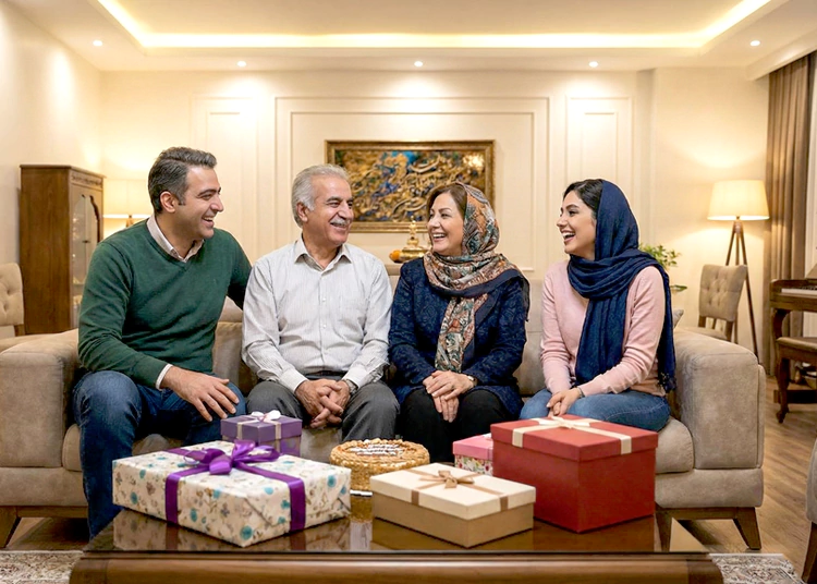 خانواده ای در حال دادن هدیه تولد پدر