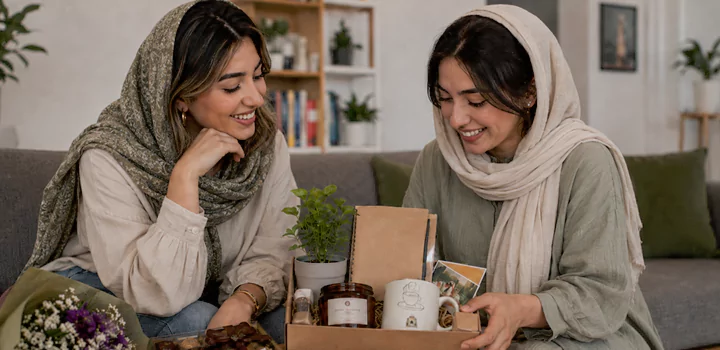 دو دوست دختر که یکی از آنها به دیگری هدیه اقتصادی تولد با قیمت متوسط داده است